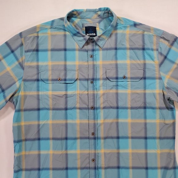 Prana Shirt Men 2XL Blue Plaid Nylon Short Sleeve Button Up Outdoor Gorpcore - Picture 6 of 14
